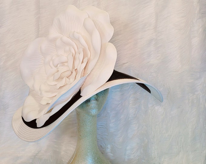 Large Black and white Kentucky Derby Hat - Black and White Hat, Funeral, Race Hat, Tea Party Hat, Bridal Hat, Fancy Hat