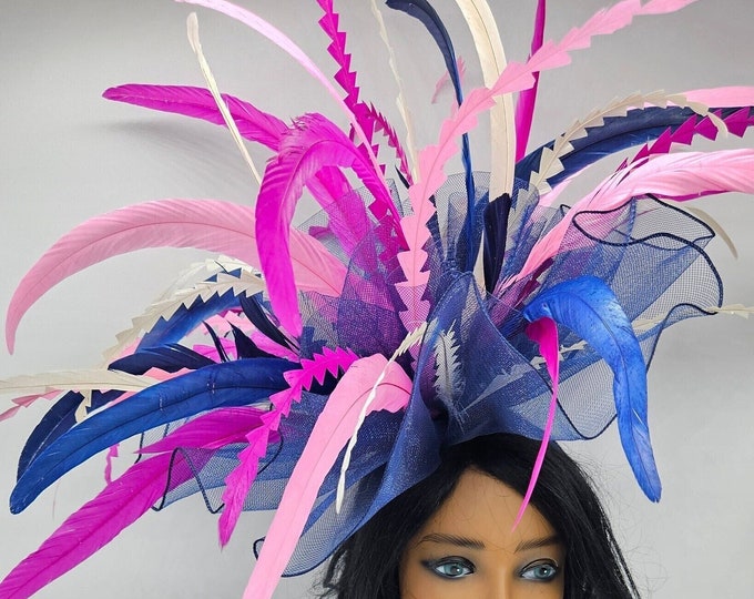 Navy Blue and Pink Kentucky Derby  Hat -  Church Hat