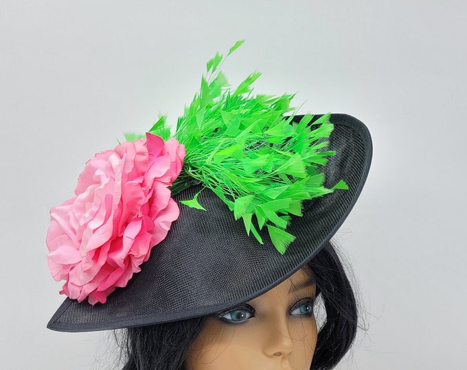 Black, Hot Pink and Lime green Kentucky Derby Fascinator-  Wedding Hat, Derby Hats, Royal Ascot, Vintage Hat, Church Hat, Easter Hat