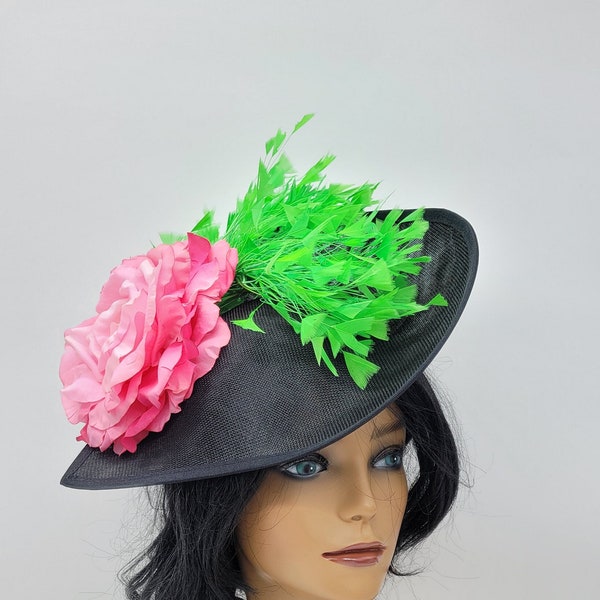 Black, Hot Pink and Lime green Kentucky Derby Fascinator-  Wedding Hat, Derby Hats, Royal Ascot, Vintage Hat, Church Hat, Easter Hat