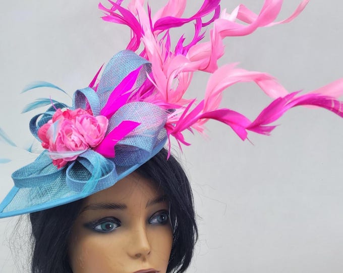 Teal Blue and Pink Fascinator Hat