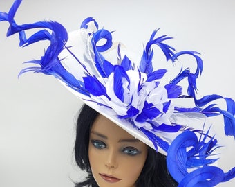 Large White and Royal Blue Saucer Fascinator