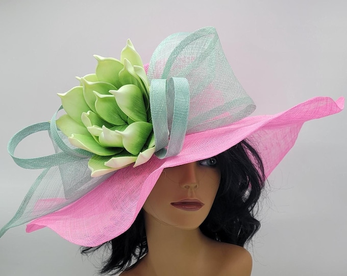 Large Pink and Lime Green Kentucky Derby Hat