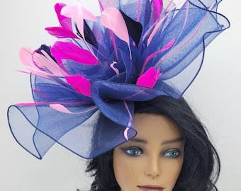 Navy Blue and Pink Kentucky Derby  Hat -  Church Hat