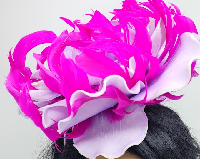Lilac Purple and Hot Pink Kentucky Derby Fascinator - Flower with Feathers accent