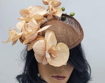 Brown Fascinator Hat - Tan Orchid Wedding Hat, Kentucky Derby Race, Vintage