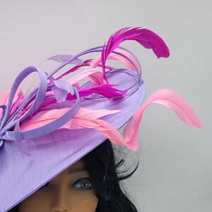 Large Lavender Purple and Hot Pink Kentucky Derby Fascinator - lilac Church Hat