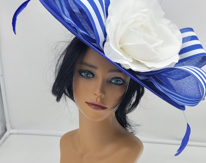 Large Blue and PWhitr Kentucky Derby  Hat -  Church Hat