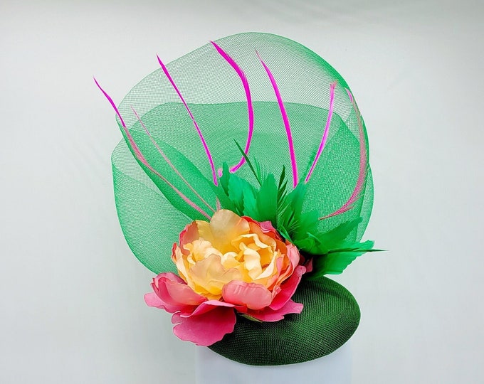 Green and Pink Kentucky Derby Hat, Green Fascinator, Mardi Gras, Race Hats, Church, Photoshoot, St Patrick's Day