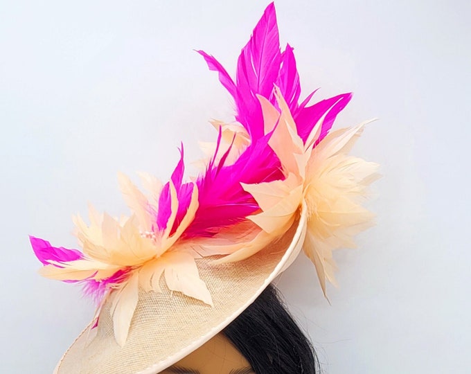 Champagne Beige and Hot Pink Fascinator- Wedding Hat, Kentucky Derby Race, Vintage