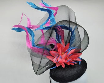 Black Kentucky Derby Fascinator: Pink & Sky Blue Feather Church Hat