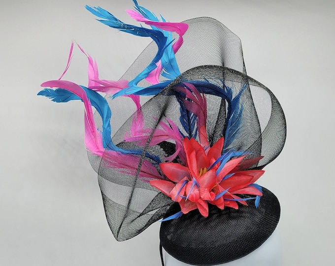 Black  Multi color Kentucket Derby Fascinator, Pink and Sky Blue Fascinator- Mardi Gras, Easter, Church, Fancy Hats