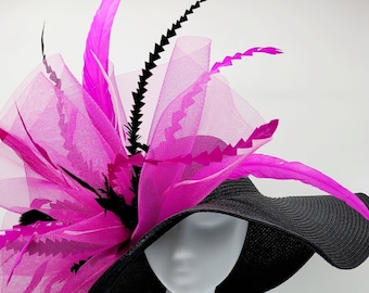 Large Black and Hot Pink Hat, Vintage Hat, Church Hat