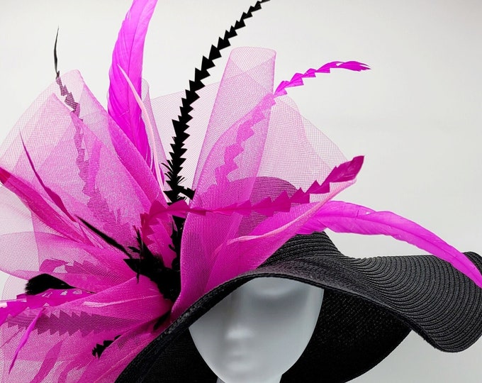 Large Black and Hot Pink Hat, Vintage Hat, Church Hat
