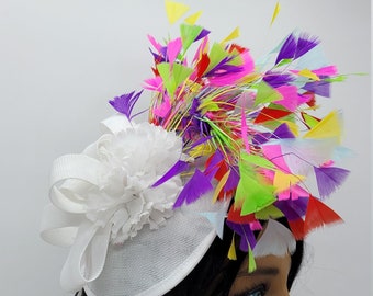 White Multi Color Kentucky Derby Fascinator Pink, Purple and Green- Wedding Hat, Race Hat, Tea Party Hat, Bridal Hat, Church Hat, Fancy Hat