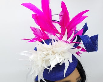 Royal Blue, Hot Pink and White Kentucky Derby Fascinator - Race Hat, Church Hat, Fancy Hat