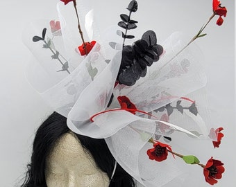 Floral Kentucky Derby Hat: Red, Black & White Race Day Fascinator