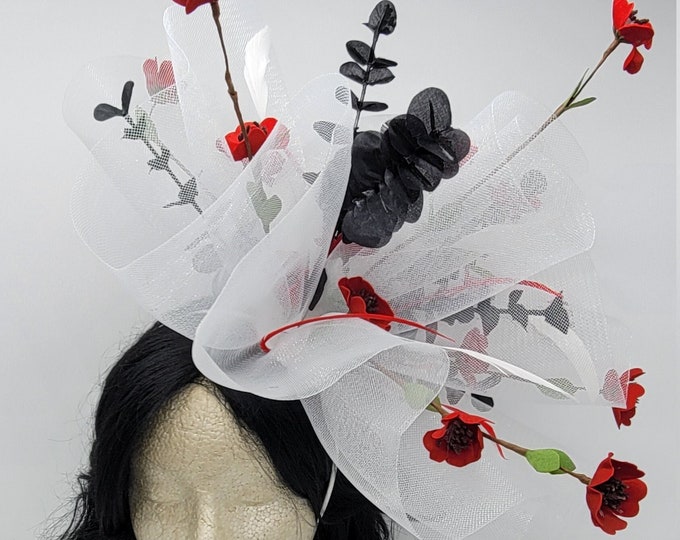 Large White Black and Red Kentucky Derby Hat,  Race Hat Easter Hat, Floral