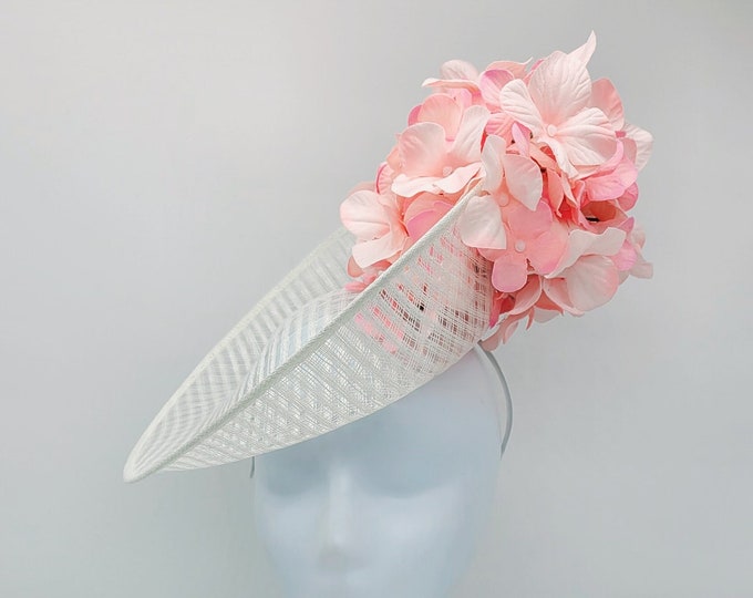White and Pink Kentucky Derby Fascinator.  Basket Weave Hat,  Wedding Hat, Easter Hat, Floral