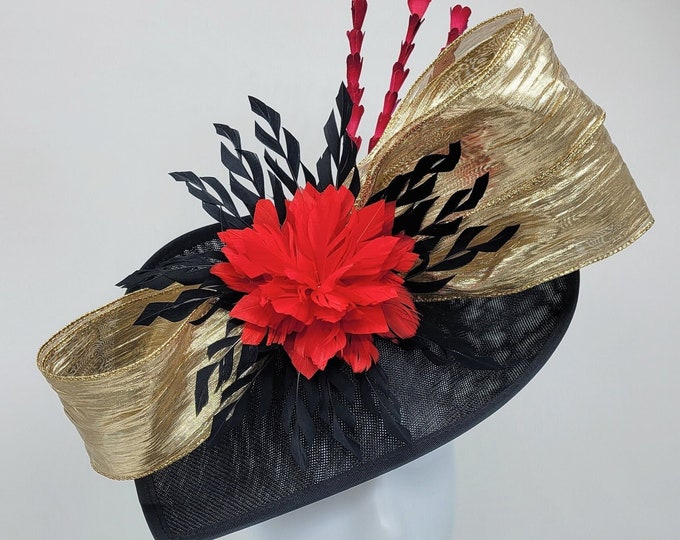 Black Gold and Red Kentucky Derby Hat - Black and White Hat, Funeral, Race Hat, Tea Party Hat, Bridal Hat, Fancy Hat