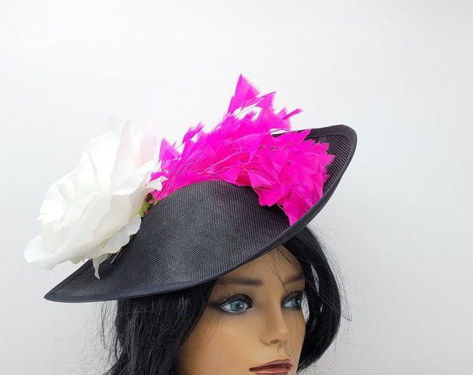 Black, Hot Pink and white Kentucky Derby Fascinator-  Wedding Hat, Derby Hats, Royal Ascot, Vintage Hat, Church Hat, Easter Hat