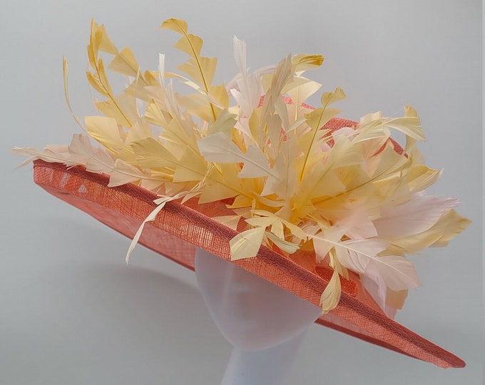Large Coral and Beige Kentucky Derby Hat - Wedding Fascinator, Race Hat, Church, Tea Party Hats
