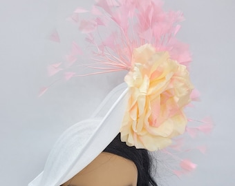 White Kentucky Derby Fascinator: Pink feathers and Floral Wedding Hat