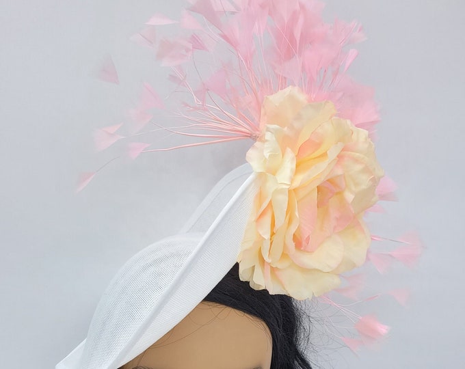 White and Pink Kentucky Derby Fascinator.  Basket Weave Hat,  Wedding Hat, Easter Hat, Floral
