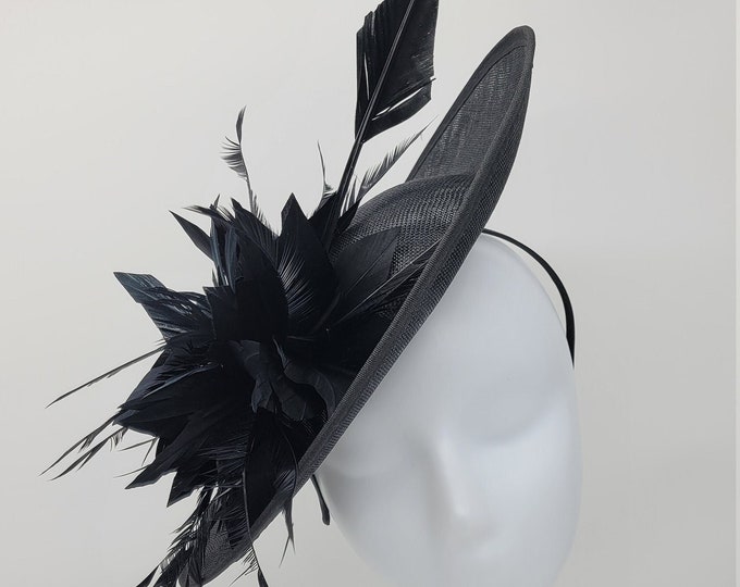 Black  Saucer Kentucky Derby Hat- Black Wedding Hat, Costume Hats, Vintage Hats