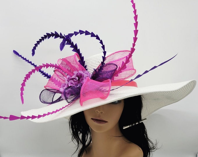Large White, Pink and Purple Kentucky Derby Hat, Wedding Hat, Bachelorette Hats, Easter Hat, Church