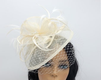 Ivory Wedding Fascinator Hat - Wedding Hat, Kentucky Derby Hat, Race Hat, Tea Party Hat, Bridal Hat, Hat with veil, Fancy Hat