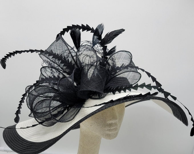 Large Black and white Kentucky Derby Hat - Black and White Hat, Funeral, Race Hat, Tea Party Hat, Bridal Hat, Fancy Hat