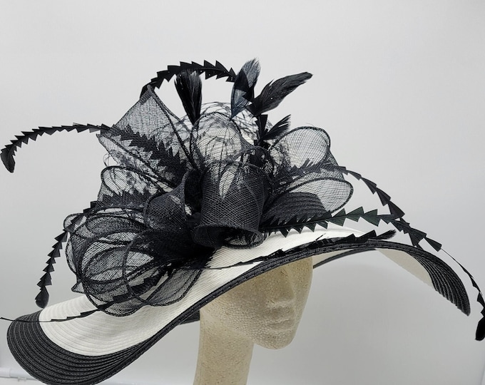 Large Black and white Kentucky Derby Hat - Black and White Hat, Funeral, Race Hat, Tea Party Hat, Bridal Hat, Fancy Hat