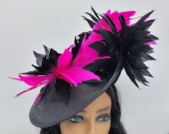 Black and Hot Pink Kentucky Derby Fascinator-  Fuchsia Hat, Wedding Hat, Derby Hats, Royal Ascot, Vintage Hat, Church Hat, Easter Hat