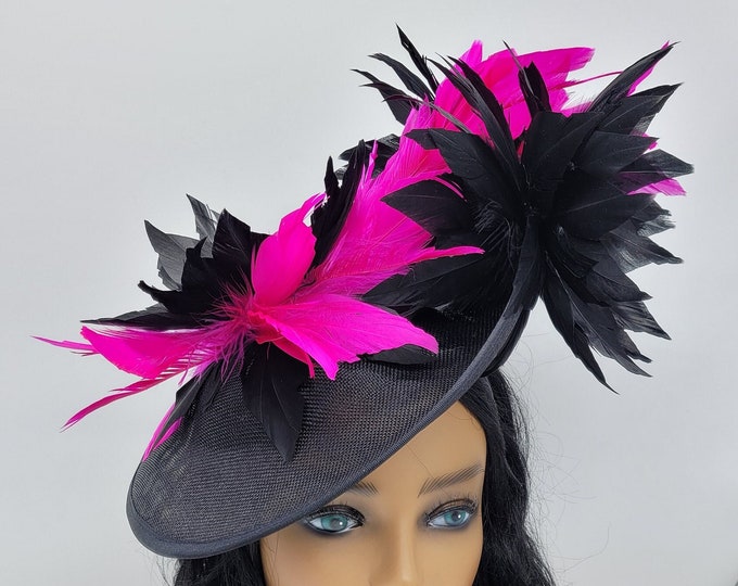 Black and Hot Pink Kentucky Derby Fascinator-  Fuchsia Hat, Wedding Hat, Derby Hats, Royal Ascot, Vintage Hat, Church Hat, Easter Hat