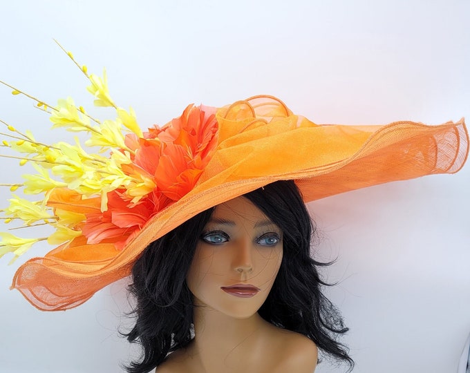 Extra Large Orange and Yellow Kentucky Derby Hat- Wedding Fascinator, Race Hat, Church, Tea Party Hats