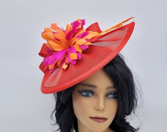 Red orange and pink  Kentucky Derby Fascinator - Wedding HatRace Hat, Tea Party, Bridal Hat, Hat with veil, Fancy Hat