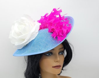 Blue Sinamay Kentucky Derby Fascinator: Pink Feather Wedding Hat