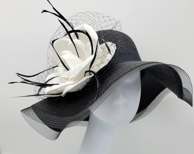 Floppy Black and white Kentucky Derby Hat - Black and White Hat, Funeral, Race Hat, Tea Party Hat, Bridal Hat, Fancy Hat