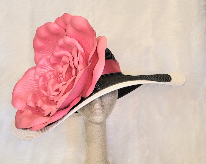 Large Black and Hot Pink Hat, Vintage Hat, Church Hat