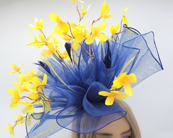 Blue and Yellow Kentucky Derby Hat -  Easter Hat, church hat, bridal hat