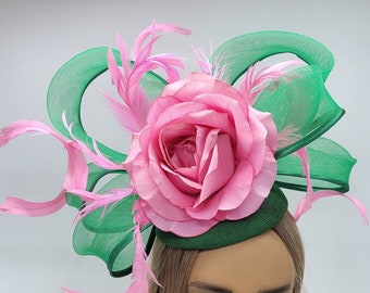 Green and Pink Kentucky Derby Hat, Green Fascinator, Mardi Gras, Race Hats, Church, Photoshoot, St Patrick's Day