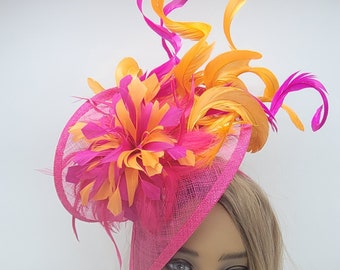 Tocado Kentucky Derby rosa caliente y naranja - sombrero de boda, sombrero fucsia, sombrero de Pascua, sombrero de fiesta de té, sombrero de novia, sombrero de iglesia, sombrero de lujo