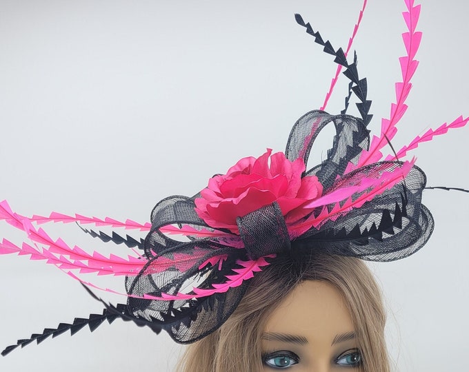 Black Fascinator Kentucky Derby Hat - Hot Pink Fascinator, Race Hat, Tea Party Hat, Bridal Hat, Fancy Hat