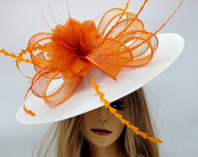 White, Hot Pink and Orange Fascinator Hat - Wedding Hat, Kentucky Derby Hat, Race Hat, Fancy Hat