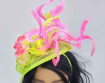 Neon Green and Hot Pink Kentucky Derby Fascinator, Green Hat,  Race Hats, Church, St Patrick's Day