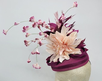Magenta Kentucky Derby Fascinator Hat: Fuchsia And Beige flowers Wedding, Derby, Church Occasion