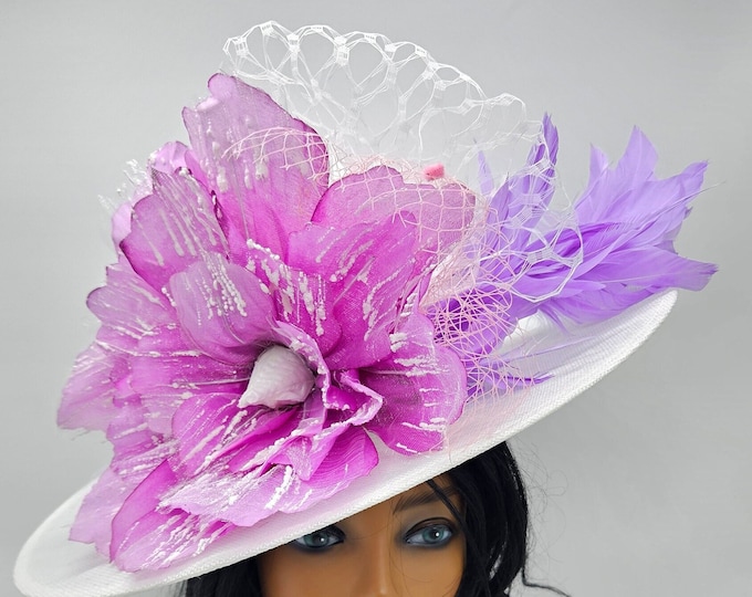 Large White and lavender purple  Kentucky Derby Hat, Wedding Hat, Bachelorette Hats, Easter Hat, Church