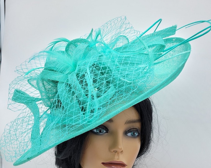 Large Teal Turquoise Kentucky Derby  Hat, Wedding Hat, Royal Ascot, Church Hat, Easter Hat Race Hat