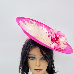 Large Hot Pink and Ivory Saucer Kentucky Derby Fascinator - Fuchsia Wedding Hat, Race Hat, Bridal Shower,  Fancy Hat Easter Hat